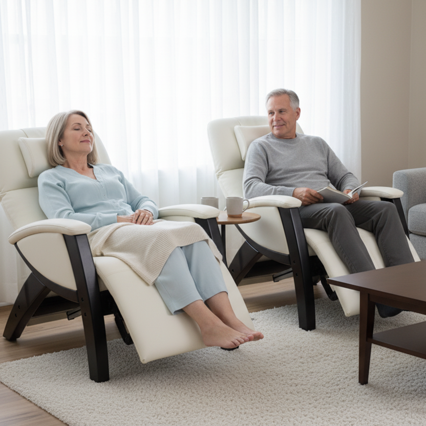 ELDER AGE FEMALE AND MALE SEATING ON SVAGO ZGR CHAIR, EYES CLOSED AND HAPPY. FEELING RELAXED