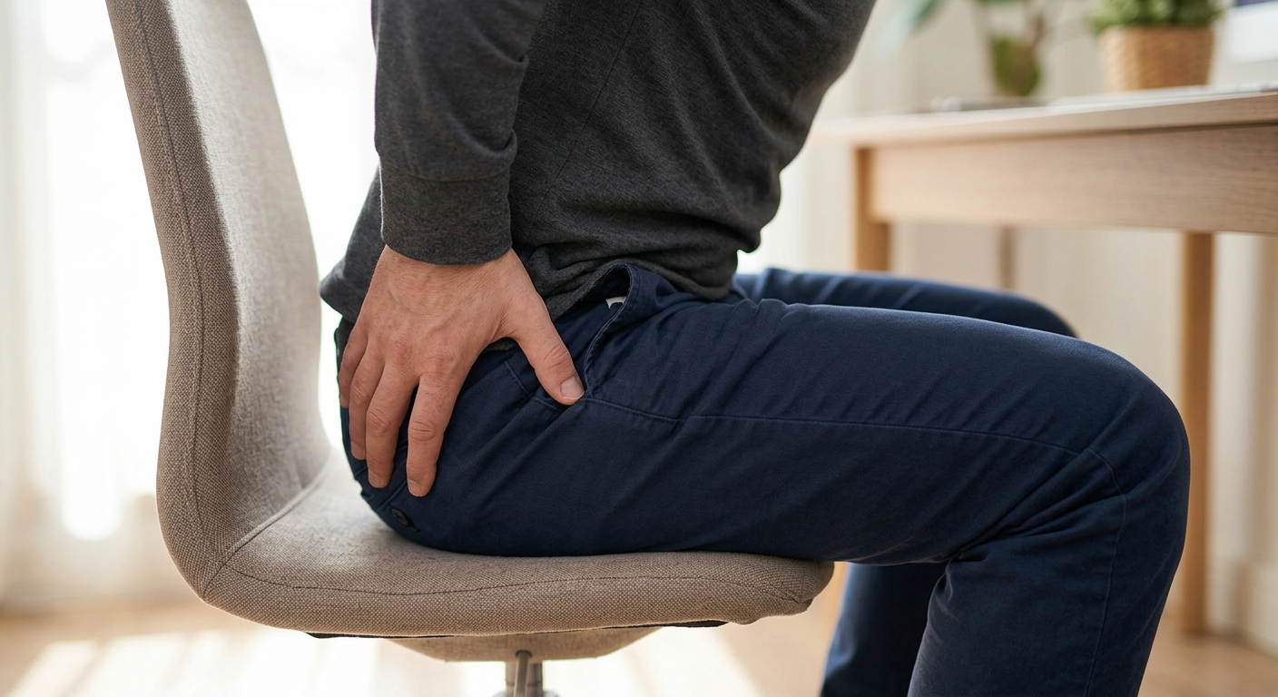 person sitting with sciatica pain in office chair