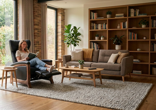 woman reading while sitting on ergonomic furniture in her living room