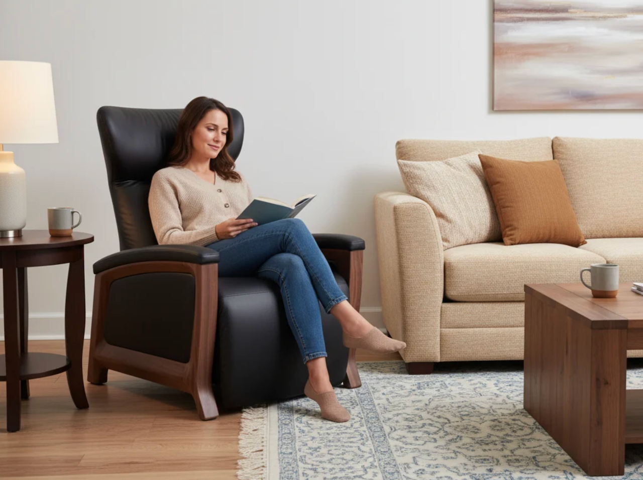 woman reading while sitting on ergonomic furniture in living room