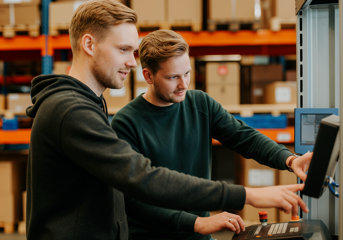 Two warehouse workers collaborating in front of a control panel in an industrial facility