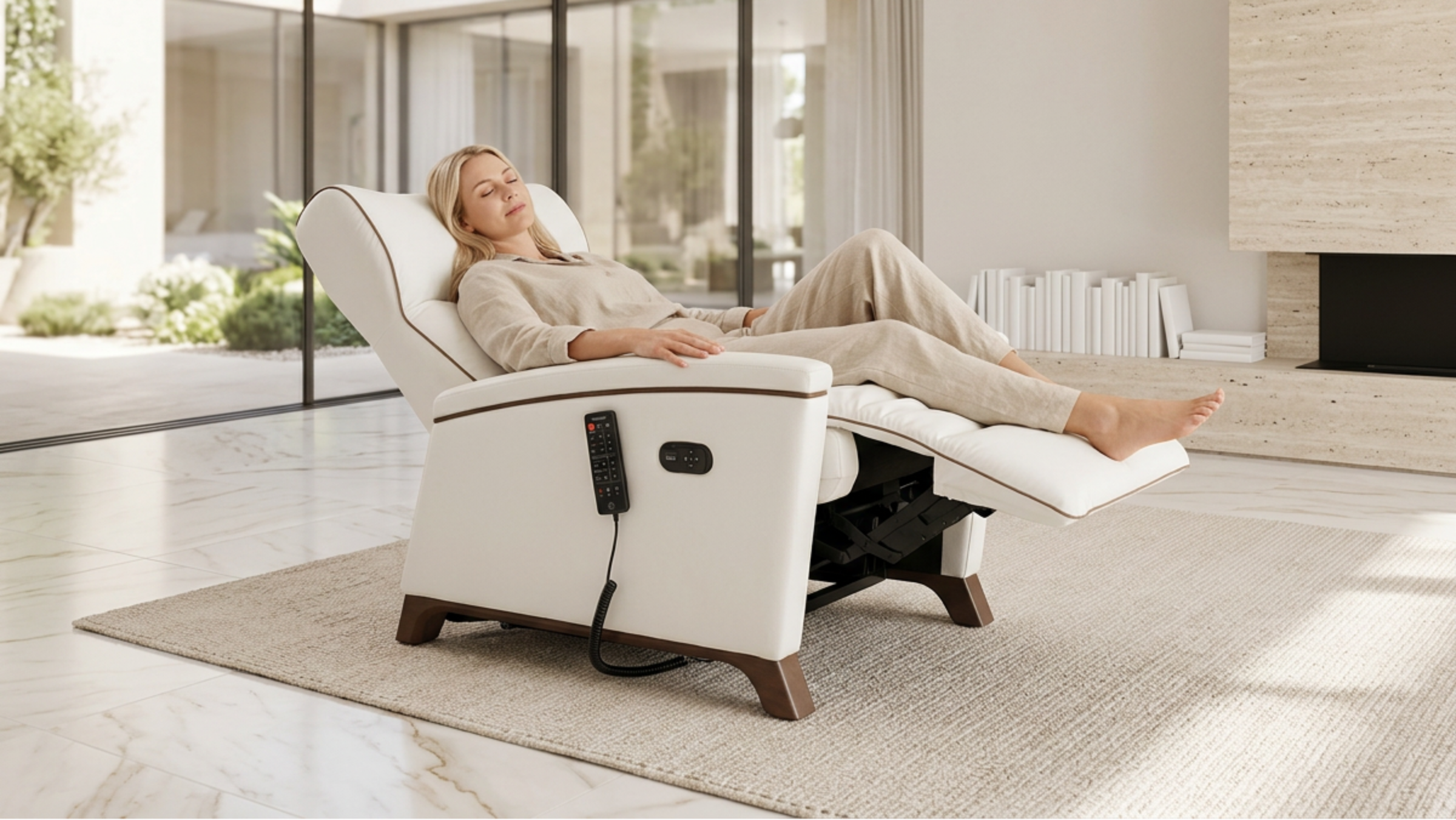 A woman relaxes in a white motion mastery recliner chair with a footrest extended, set in a modern, sunlit living room with large windows and a fireplace.