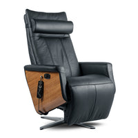 Svago Swivel Zero Gravity Recliner shown in black leather and wood finish