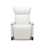 A modern high-back recliner chair upholstered in off-white leather with dark brown wooden legs, shown from a front-facing perspective on a solid white background.