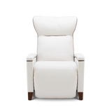 A modern high-back recliner chair upholstered in off-white leather with dark brown wooden legs, shown from a front-facing perspective on a solid white background.