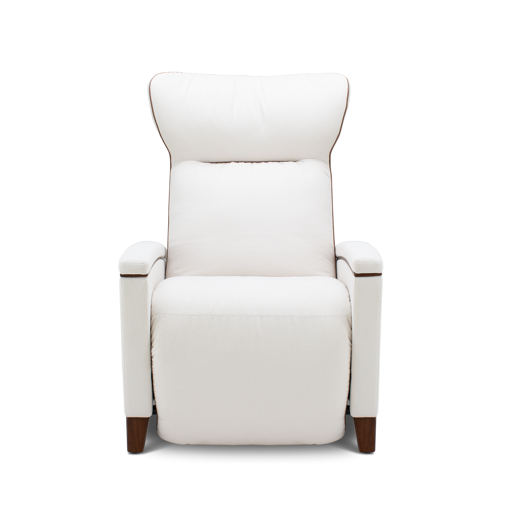 A modern high-back recliner chair upholstered in off-white leather with dark brown wooden legs, shown from a front-facing perspective on a solid white background.