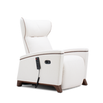 A white leather recliner chair with dark brown wooden legs and a side-mounted remote control, shown against a solid white background.