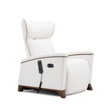 A white leather recliner chair with dark brown wooden legs and a side-mounted remote control, shown against a solid white background.