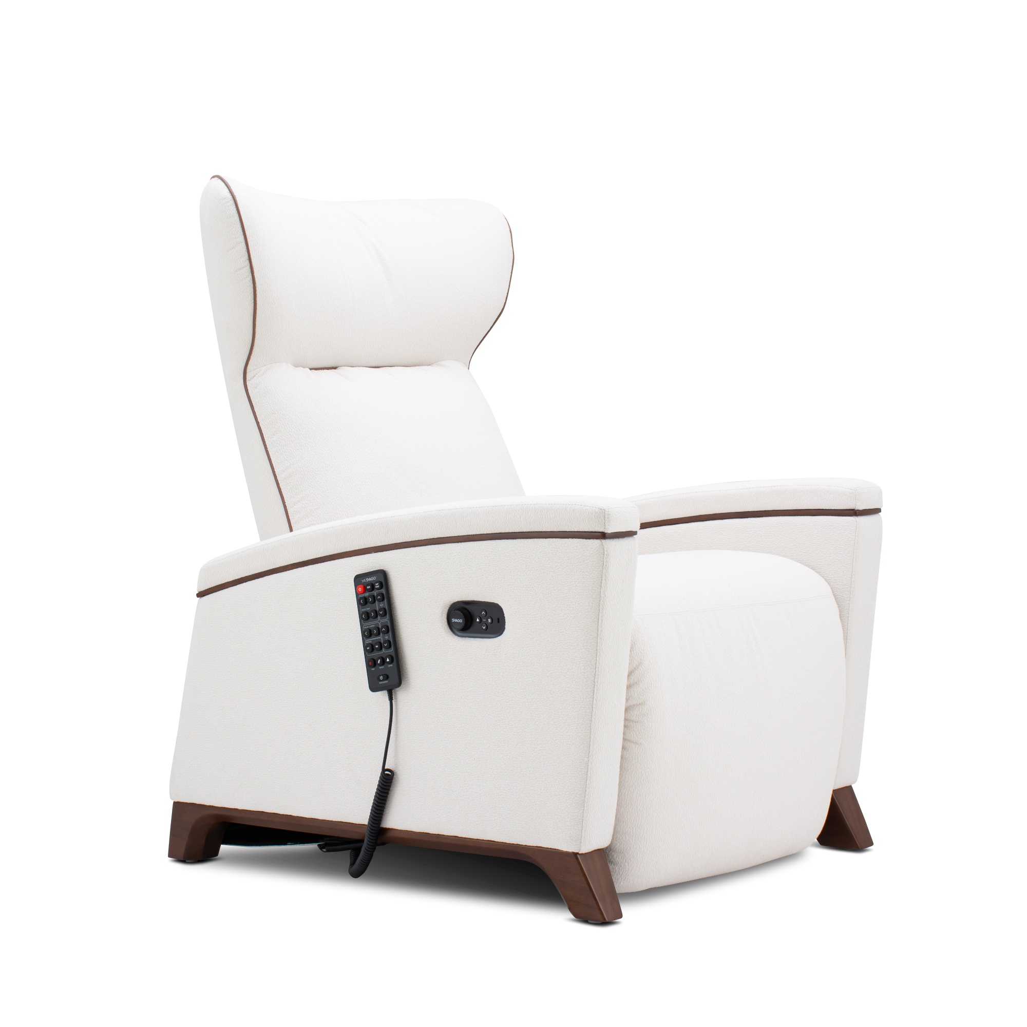A white leather recliner chair with dark brown wooden legs and a side-mounted remote control, shown against a solid white background.