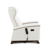 A white leather recliner chair with brown wood-look legs and trim, shown from a side profile view on a white background. A black remote control is hanging from the side.