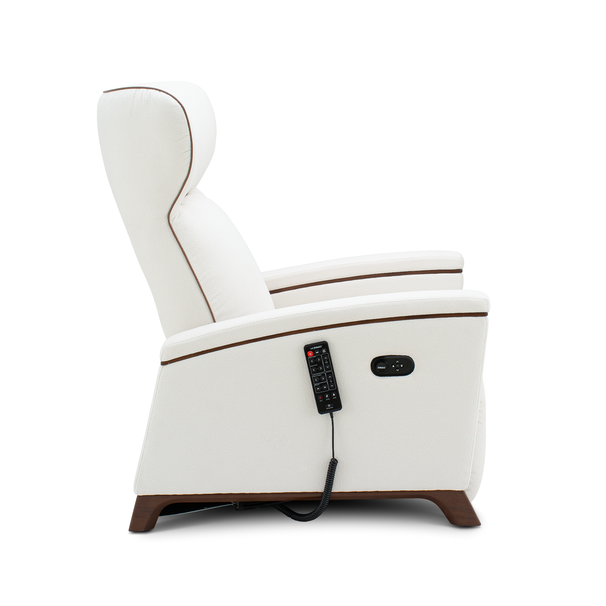 A white leather recliner chair with brown wood-look legs and trim, shown from a side profile view on a white background. A black remote control is hanging from the side.