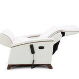 A white leather recliner chair with brown wood-look legs, featuring a black remote control hanging from the side, shown against a solid white background.