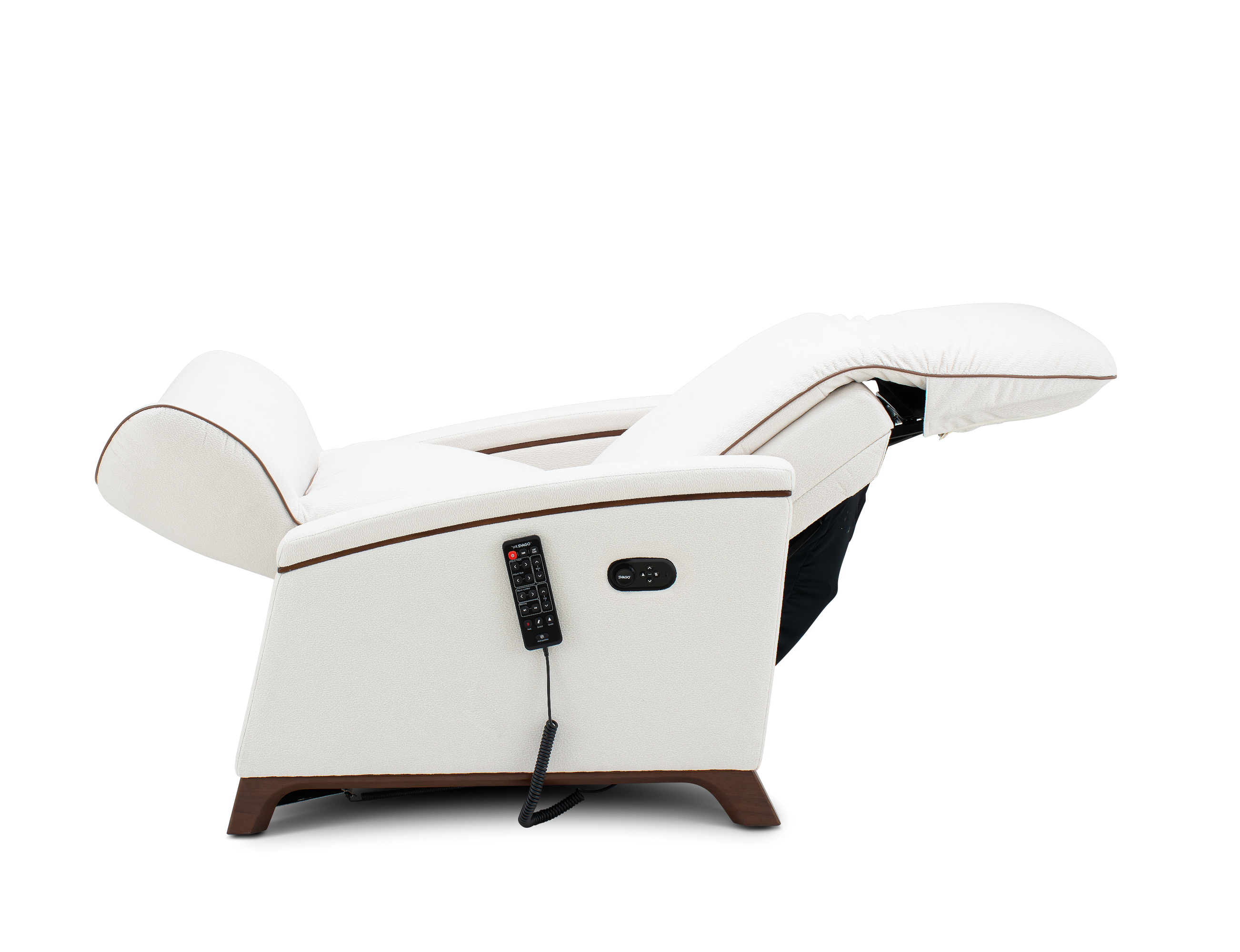 A white leather recliner chair with brown wood-look legs, featuring a black remote control hanging from the side, shown against a solid white background.