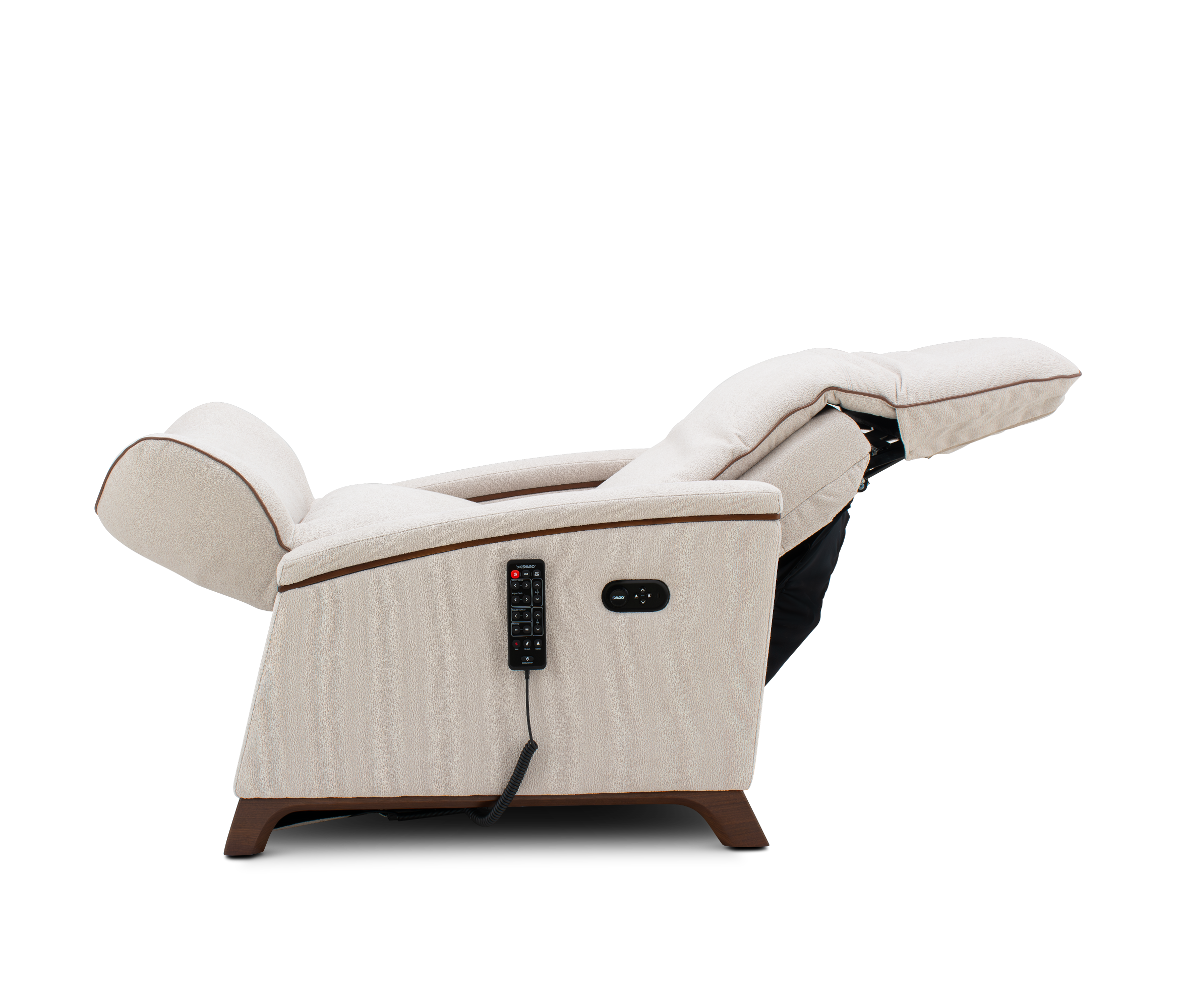 A cream-colored electric recliner chair with its footrest extended, featuring a black remote control hanging from the side and a dark wood base, shown against a solid white background.