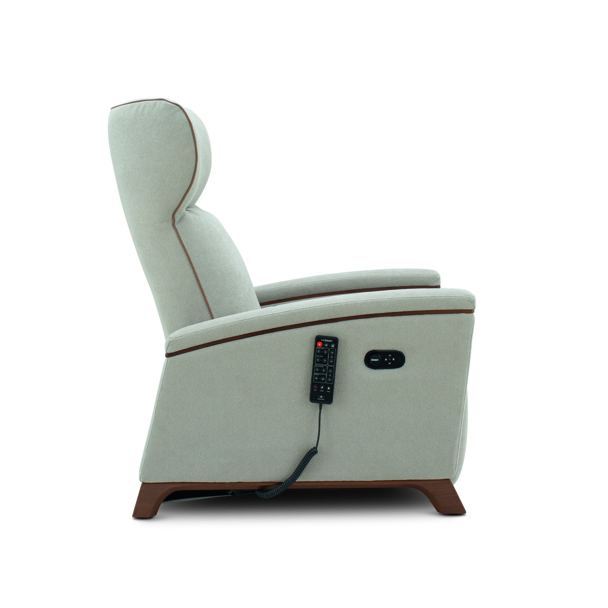 A light sage green upholstered recliner chair with brown wooden legs, featuring a side-mounted remote control and power outlet, shown from a side profile on a white background.