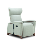 A light sage green upholstered recliner chair with dark brown wooden legs and a black remote control attached to the side, shown against a plain white background.