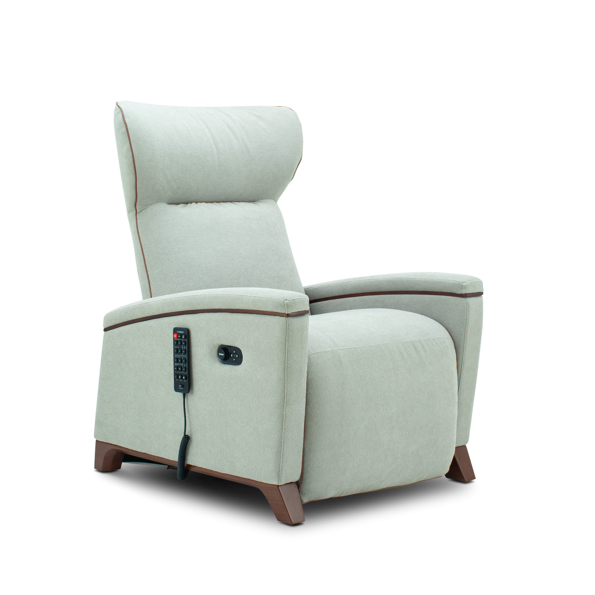 A light sage green upholstered recliner chair with dark brown wooden legs and a black remote control attached to the side, shown against a plain white background.