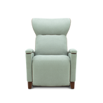 A light sage green upholstered recliner chair with dark brown wooden legs, shown from the front against a solid white background.