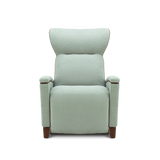 A light sage green upholstered recliner chair with dark brown wooden legs, shown from the front against a solid white background.