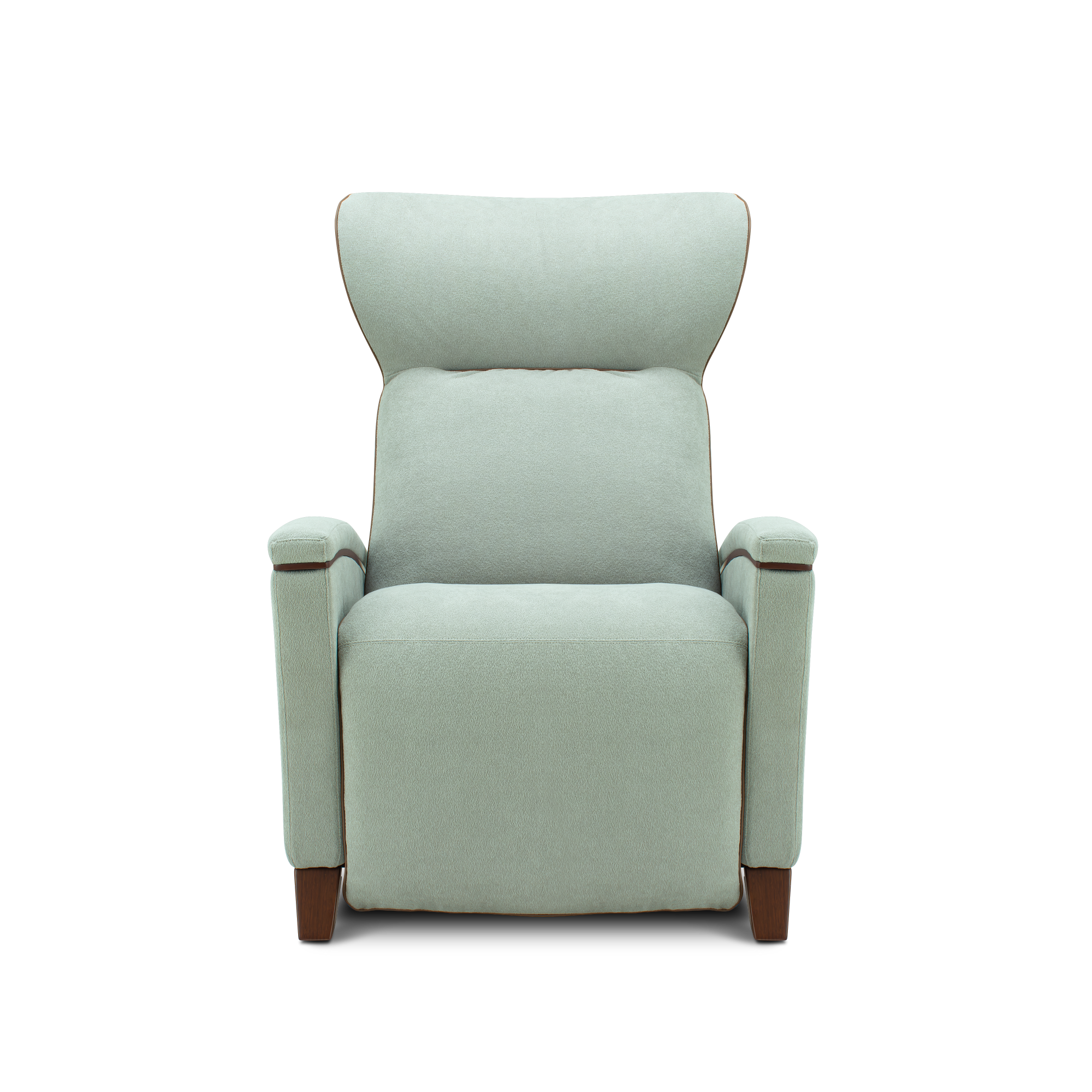 A light sage green upholstered recliner chair with dark brown wooden legs, shown from the front against a solid white background.