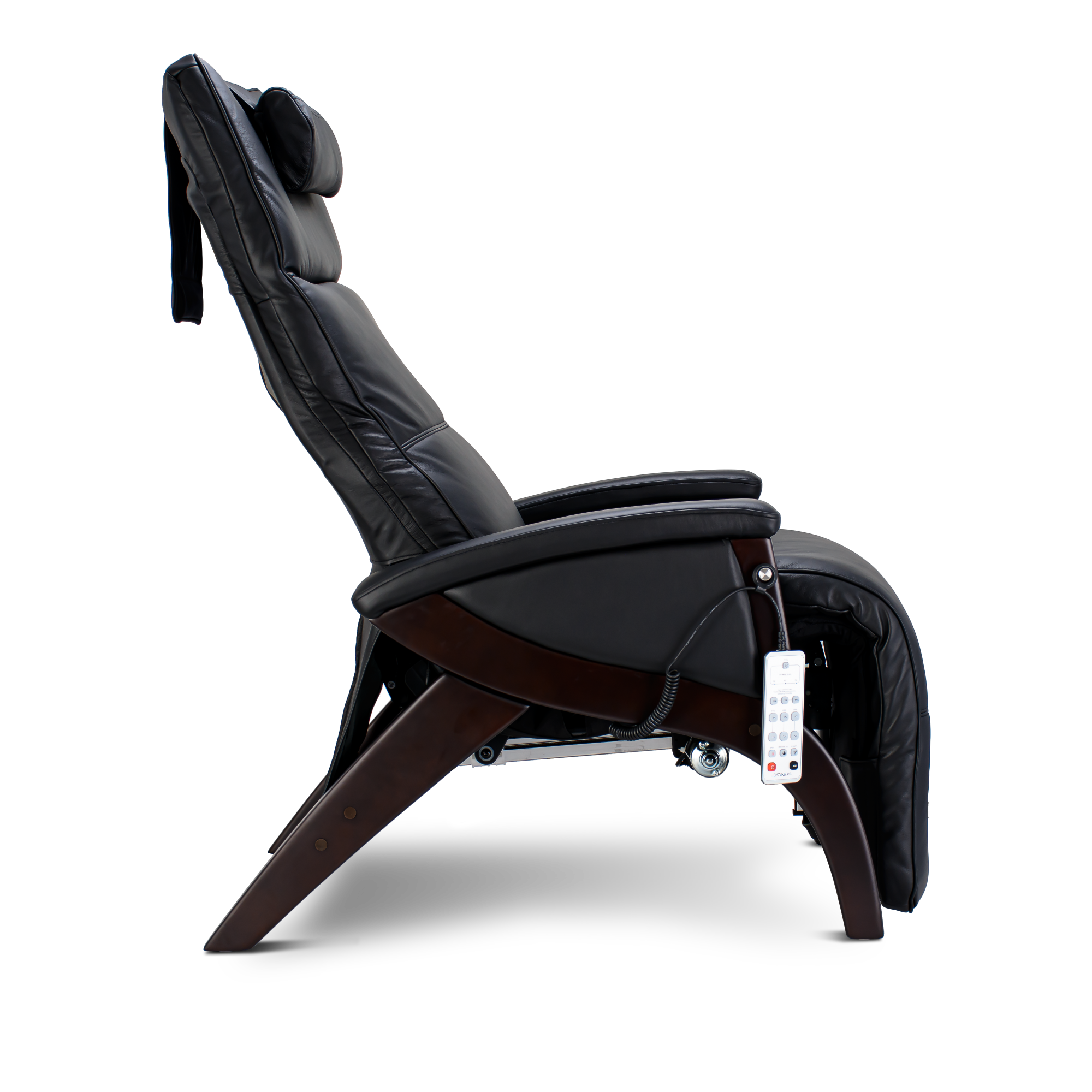 black Svago newton zero gravity chair with wooden base side view