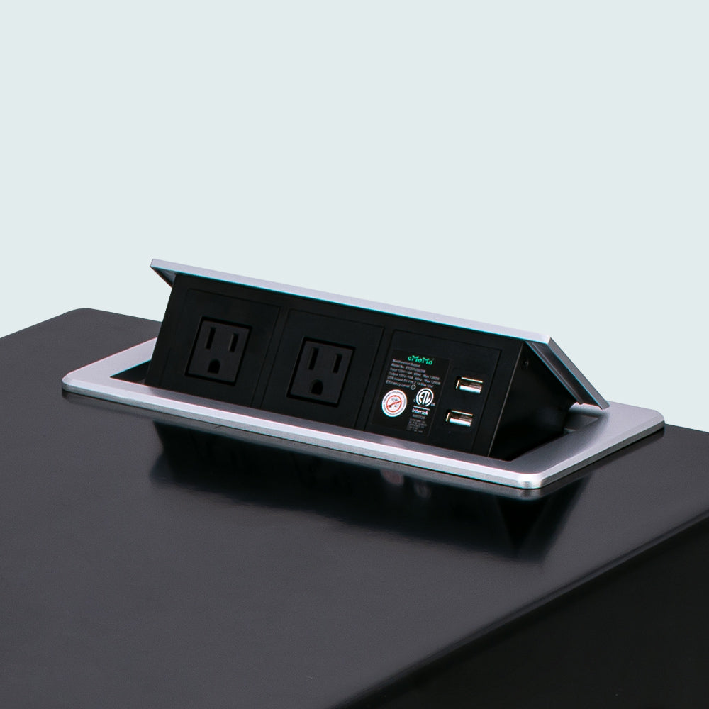 close up of black Svago zero gravity side table with open USB charging station