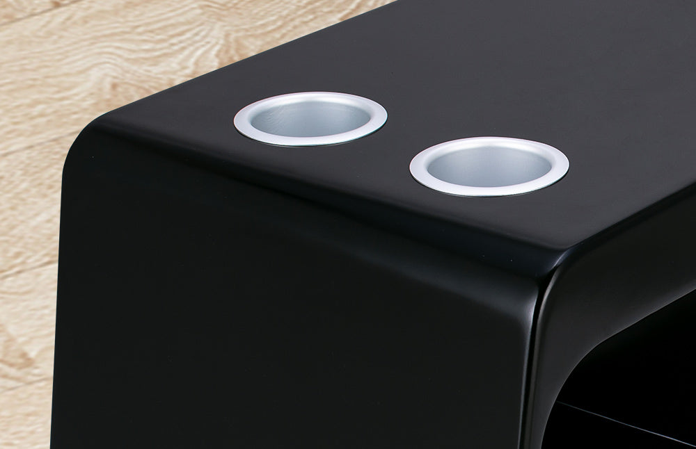 close up of black Svago zero gravity side table with cup holders