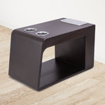 side view of brown Svago zero gravity side table with cup holders and closed USB charging station