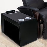 black zero gravity chair next to black Svago side table with cup holders and open USB charging station