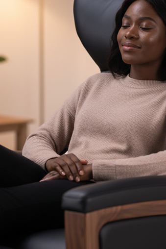 woman seating on the chair with her eyes closed.  back pain relief