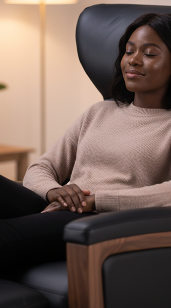 woman seating on the chair with her eyes closed.  back pain relief