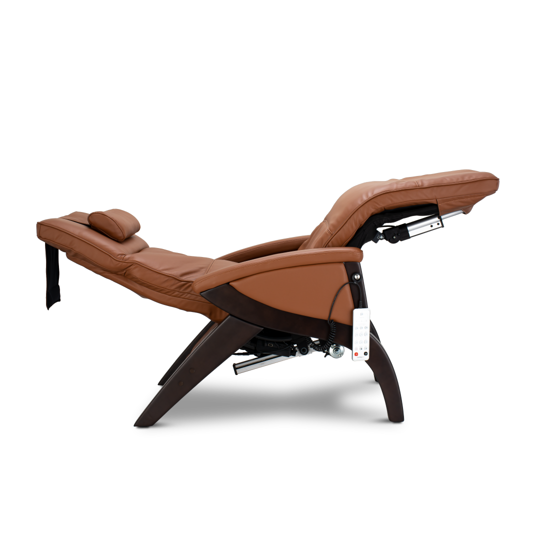 tan Svago zero gravity chair with wooden base reclined in zero gravity position